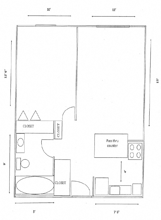 Floor plan for 1 bed, 1 bath, 540 sqft
